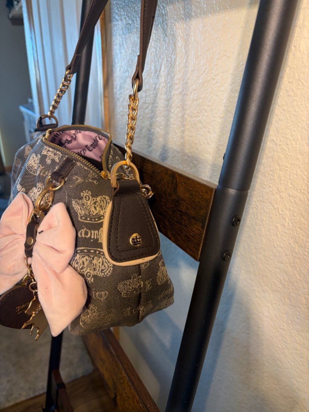 Juicy Couture Fan Club Brown Monogram Satchel Shoulder Bag Bow Charm - Picture 5 of 7